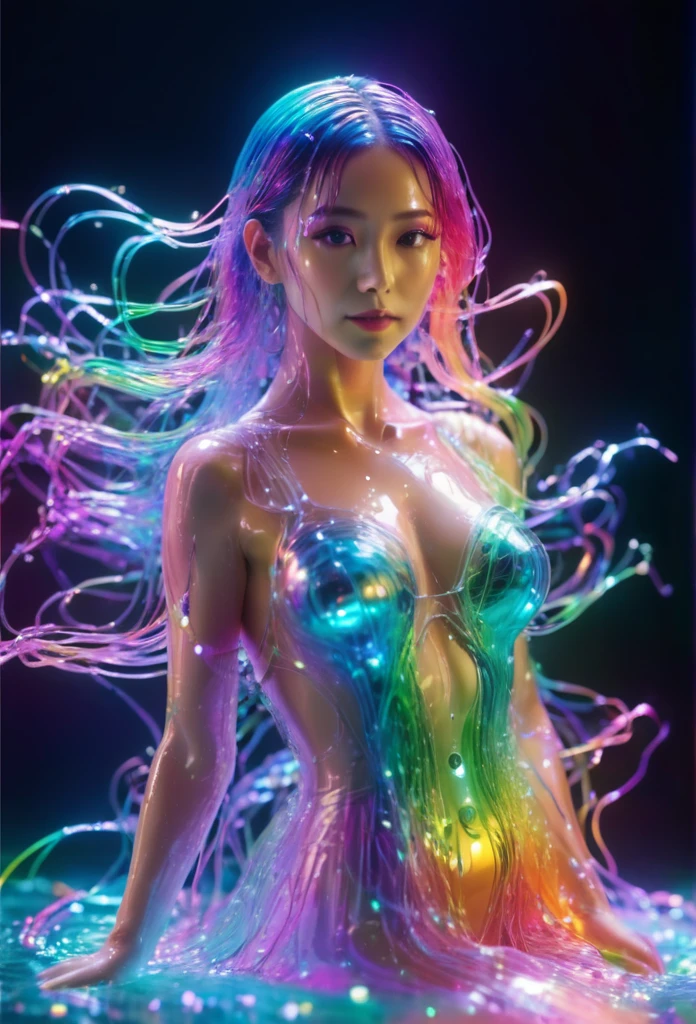 Ultra-Realistic Capture,18k,RAW Photos,Highest quality,masterpiece,reality,Very detailed,Live Action,Very beautiful woman,Android,cyborg,cyber-,((whole body:1.8)),((Very detailedな電子機器)),((Skin that clearly shows the internal electronics)),Very thin connecting wire,Wet body,ふully transparent rainbow skin,Wet long messy hair,Advanced AI,neon,Small glowing LED light,future,Glowing Skin,Shiny particle long dress,Big eyes,Long eyelashes,Fantasy,movie,Angel,Elegant pose,In the water,35mm camera,F/1.8,barefoot,