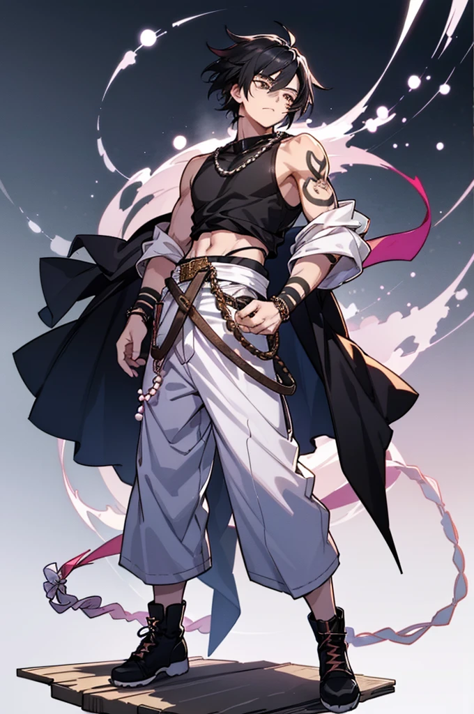 A tired young man with tied up black hair and white eyes, wearing a short, sleeveless dark haori cut off at his waist, and a pair of baggy white pants and blue rope belt to secure them at his waist. With a pair of chains of large, round, pink pearls around his ankles, black boots, handsome, curse, Tattoos on arms