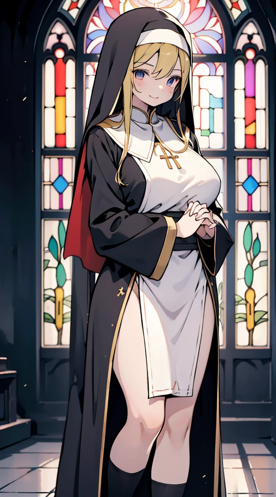 nun，nun服，黑白nun服，Colored hair，nun头巾，Big breasts，Full of figure，Close-up above the waist，Upper body close-up，Church Background，Stained window glass，Mosaic art background，nun，高开叉nun长袍，Robe hem，The front of the robe，The front of the robe hangs down，Knee socks，Knee socks，Knee socks，黑色过膝Silk socks，Silk socks，High slit robe，Silk socks，Knee socks，Prayer posture，Hands together，Prayer Posture，Prayer，Joining hands in prayer，Leg ring，sock，Prayer posture，Robe hem，Long hem，Flesh，Long skirt，Long skirt，Long skirt，Long front robe，Front of robe，Long blond hair，blond，cute，gentle，Smile，慈爱的Smile，Wide crotch，Wide crotch，Thin waist，Flesh大腿