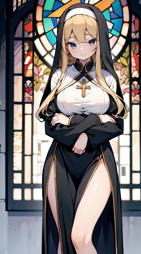 nun，nun服，黑白nun服，Colored hair，nun头巾，Big breasts，Full of figure，Close-up above the waist，Upper body close-up，Church Background，Stained window glass，Mosaic art background，nun，高开叉nun长袍，Robe hem，The front of the robe，The front of the robe hangs down，Knee socks，Knee socks，Knee socks，黑色过膝Silk socks，Silk socks，High slit robe，Silk socks，Knee socks，Prayer posture，Hands together，Prayer Posture，Prayer，Joining hands in prayer，Leg ring，sock，Prayer posture，Robe hem，Long hem，Flesh，Long skirt，Long skirt，Long skirt，Long front robe，Front of robe，Long blond hair，blond，cute，gentle，Smile，慈爱的Smile，Wide crotch，Wide crotch，Thin waist，Flesh大腿