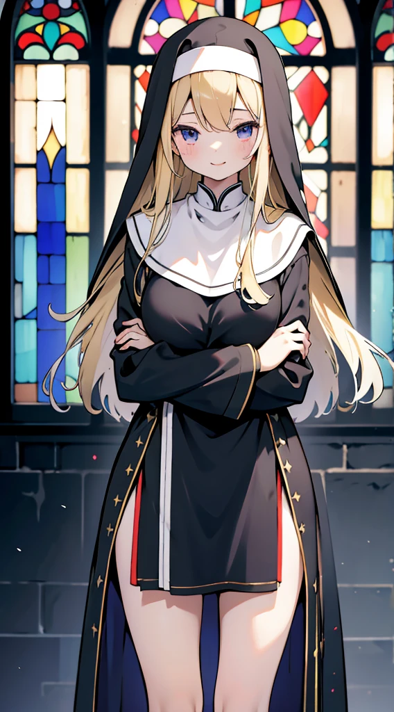 nun，nun服，黑白nun服，Colored hair，nun头巾，Big breasts，Full of figure，Close-up above the waist，Upper body close-up，Church Background，Stained window glass，Mosaic art background，nun，高开叉nun长袍，Robe hem，The front of the robe，The front of the robe hangs down，Knee socks，Knee socks，Knee socks，黑色过膝Silk socks，Silk socks，High slit robe，Silk socks，Knee socks，Prayer posture，Hands together，Prayer Posture，Prayer，Joining hands in prayer，Leg ring，sock，Prayer posture，Robe hem，Long hem，Flesh，Long skirt，Long skirt，Long skirt，Long front robe，Front of robe，Long blond hair，blond，cute，gentle，Smile，慈爱的Smile，Wide crotch，Wide crotch，Thin waist，Flesh大腿