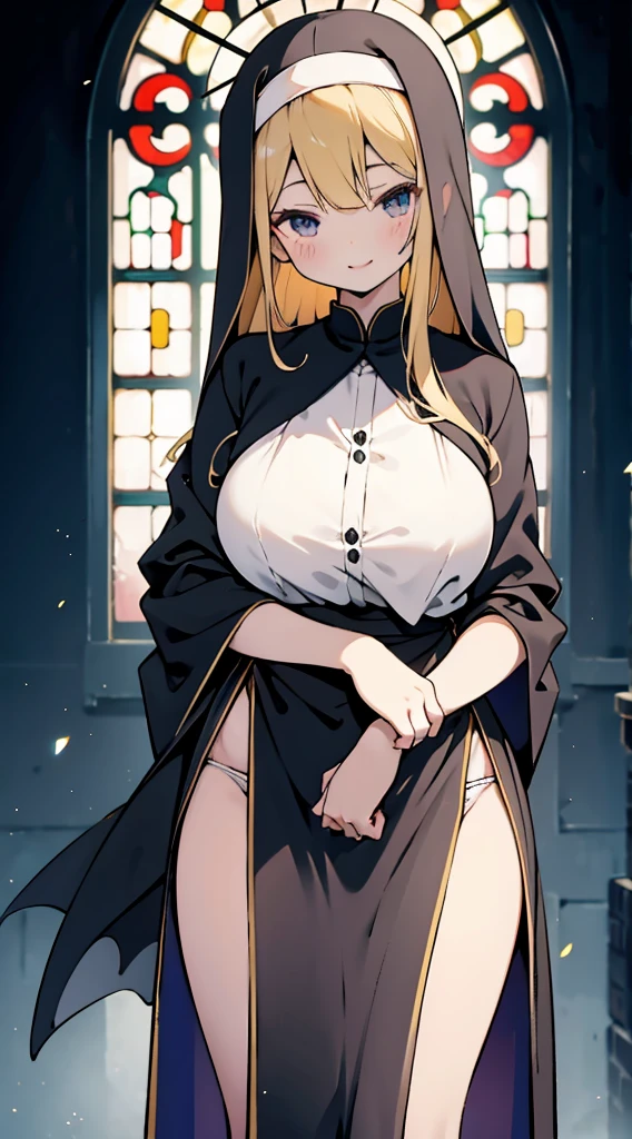 nun，nun服，黑白nun服，Colored hair，nun头巾，Big breasts，Full of figure，Close-up above the waist，Upper body close-up，Church Background，Stained window glass，Mosaic art background，nun，高开叉nun长袍，Robe hem，The front of the robe，The front of the robe hangs down，Knee socks，Knee socks，Knee socks，黑色过膝Silk socks，Silk socks，High slit robe，Silk socks，Knee socks，Prayer posture，Hands together，Prayer Posture，Prayer，Joining hands in prayer，Leg ring，sock，Prayer posture，Robe hem，Long hem，Flesh，Long skirt，Long skirt，Long skirt，Long front robe，Front of robe，Long blond hair，blond，cute，gentle，Smile，慈爱的Smile，Wide crotch，Wide crotch，Thin waist，Flesh大腿