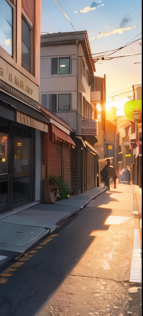background,Streetscape,street,sunset,warm color,from the front,Colored pencil tone