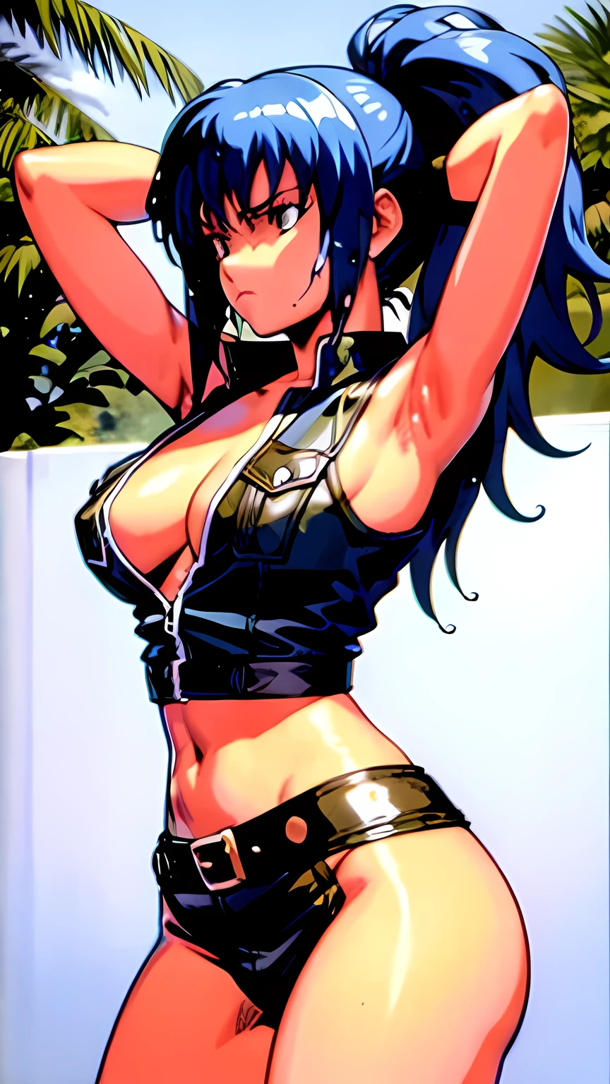 masterpiece, best quality, anime 1990s \(style\, leona heidern, no bra, fully open vest, thong ,jungle, pony tail, wet, serious, gloves, , sleeveless, belt, touching hair.