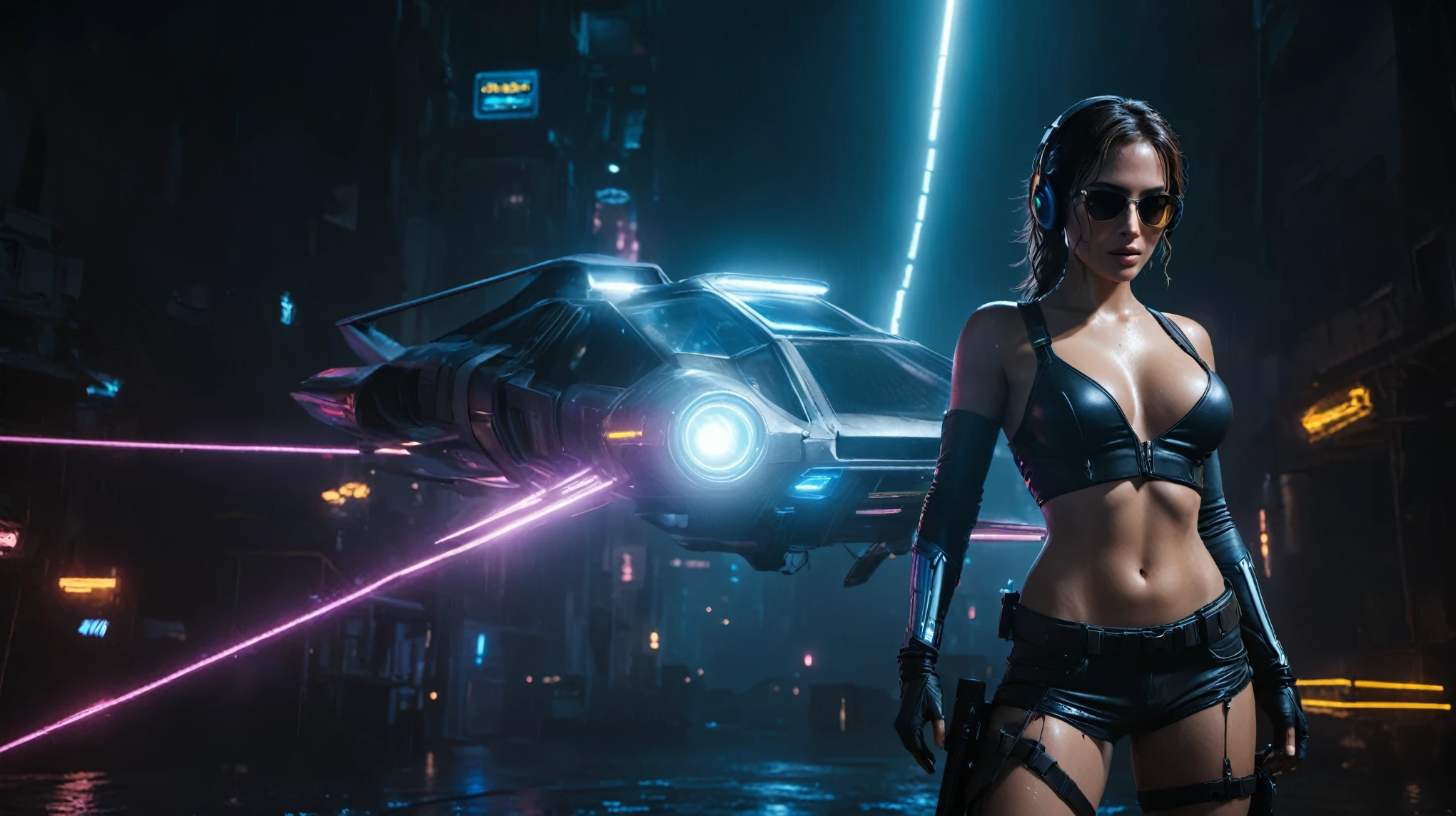 (aerial view, a flying cars docking platform, a very dark abandoned futuristic city, neon lights), rainy night. A girl as Lara Croft, solo, alone, large-breast:1.2 slim body, cleavage:1.1, sexy wind blowing wet dress:1.4, (headphone, black sunglasses), (((((she raised:1.8 a pistol:1.8 and took aim at viewer))))), dynamic pose, (((half-body thigh level medium shot))), cinematic lighting, lens flare, ray tracing.