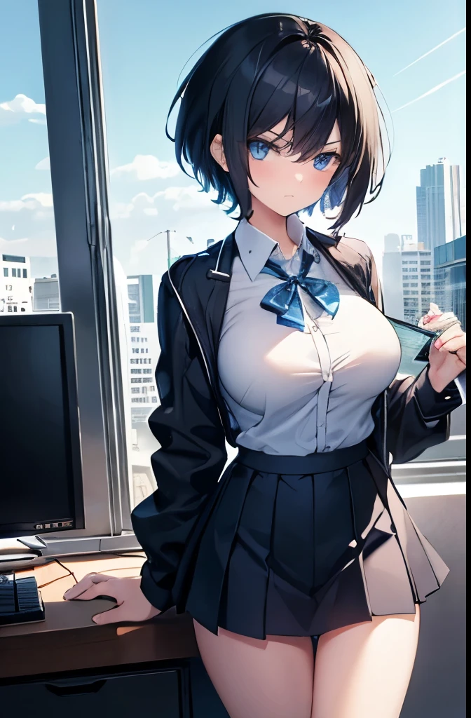 high school,Operating your computer,1 girl,boyish,short hair,Black Hair,blue eyes,Serious face,Summer uniform,mini skirt,Cowboy Shot,Big Breasts,