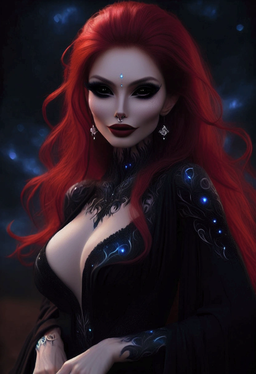 ((vivid red hair)), mature woman, 30 years old, diamond face, red starry sky background, depth of field, magic, big red lips, ((dark and black eyes)) black and red long and full dress, covered chest, mystical atmosphere, ominous shadows, Intense blue aura, Intense red aura (best quality:1.2), absurdres, intricate details, (highly detailed skin:1.2), smile expression, posing, taut and well defined body, attractive. Highly realistic, white skin, beautiful, hyperrealism, skin very elaborated, direct gaze,