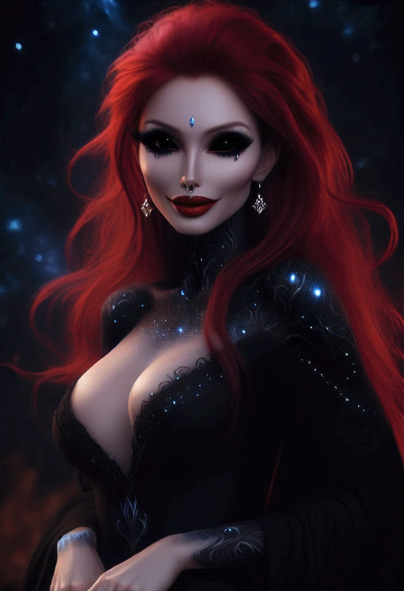 ((vivid red hair)), mature woman, 30 years old, diamond face, red starry sky background, depth of field, magic, big red lips, ((dark and black eyes)) black and red long and full dress, covered chest, mystical atmosphere, ominous shadows, Intense blue aura, Intense red aura (best quality:1.2), absurdres, intricate details, (highly detailed skin:1.2), smile expression, posing, taut and well defined body, attractive. Highly realistic, white skin, beautiful, hyperrealism, skin very elaborated, direct gaze,
