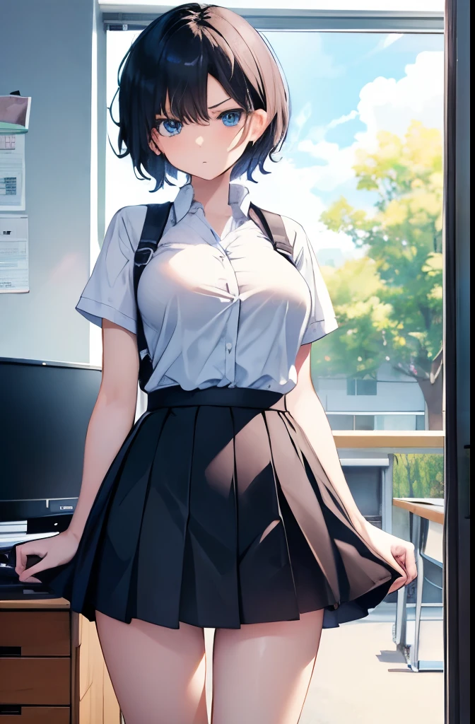 high school,Operating your computer,1 girl,boyish,short hair,Black Hair,blue eyes,Serious face,Summer uniform,mini skirt,Cowboy Shot,Big Breasts,