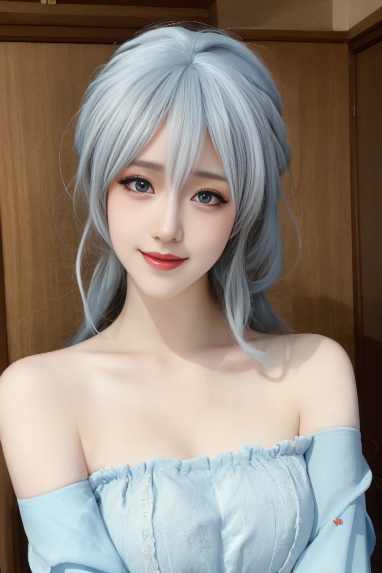 ulzzang-6500-v1.1,(raw photo:1.2),((photorealistic:1.30)), ((best quality)) ,((masterpiece)),((Ultra High Resolution)), ((Clear View)),,Ultra-high resolution,Clear face,（Reality：1.4) ,  illustration, an extremely delicate and beautiful, extremely detailed ,CG ,unity ,8k wallpaper, Amazing, finely detail, masterpiece,best quality,official art,extremely detailed CG unity 8k wallpaper,absurdres, incredibly absurdres, huge filesize, ultra-detailed, highres, extremely detailed,beautiful detailed girl, extremely detailed eyes and face, beautiful detailed eyes,light on face,cinematic lighting, 25 year old woman, 1 girl, cute, bedroom, tutoring, books on the table, fruit on the table, chair beside the table, standing, dating, (red nose), (smile: 1.15), (mouth closed), medium breasts, beautiful detailed eyes, kimono, floating hair NovaFrogStyle, silver hair, Blue eyes, natural lips, slim body, full body, Bare shoulders,