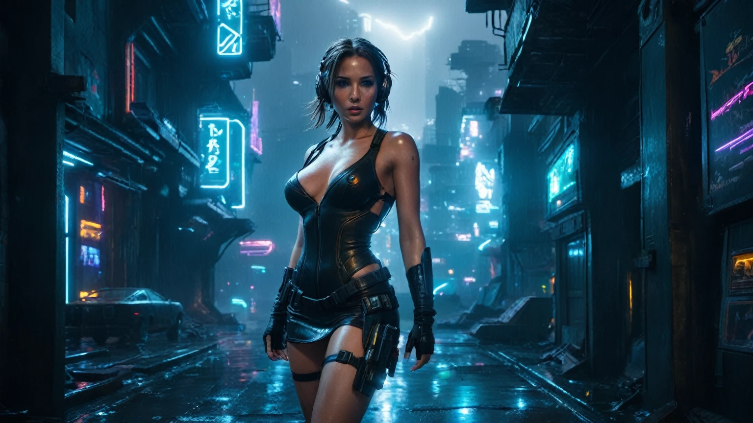 (aerial view, a flying cars docking platform, a very dark abandoned futuristic city, neon lights), rainy night. A girl as Lara Croft, solo, alone, large-breast:1.2 slim body, cleavage:1.1, sexy wind blowing wet dress:1.4, (headphone, black sunglasses), (((((she raised:1.8 a pistol:1.8 and took aim at viewer))))), dynamic pose, (((half-body thigh level medium shot))), cinematic lighting, lens flare, ray tracing.