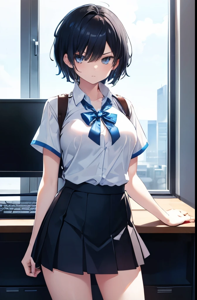 high school,Operating your computer,1 girl,boyish,short hair,Black Hair,blue eyes,Serious face,Summer uniform,mini skirt,Cowboy Shot,Big Breasts,