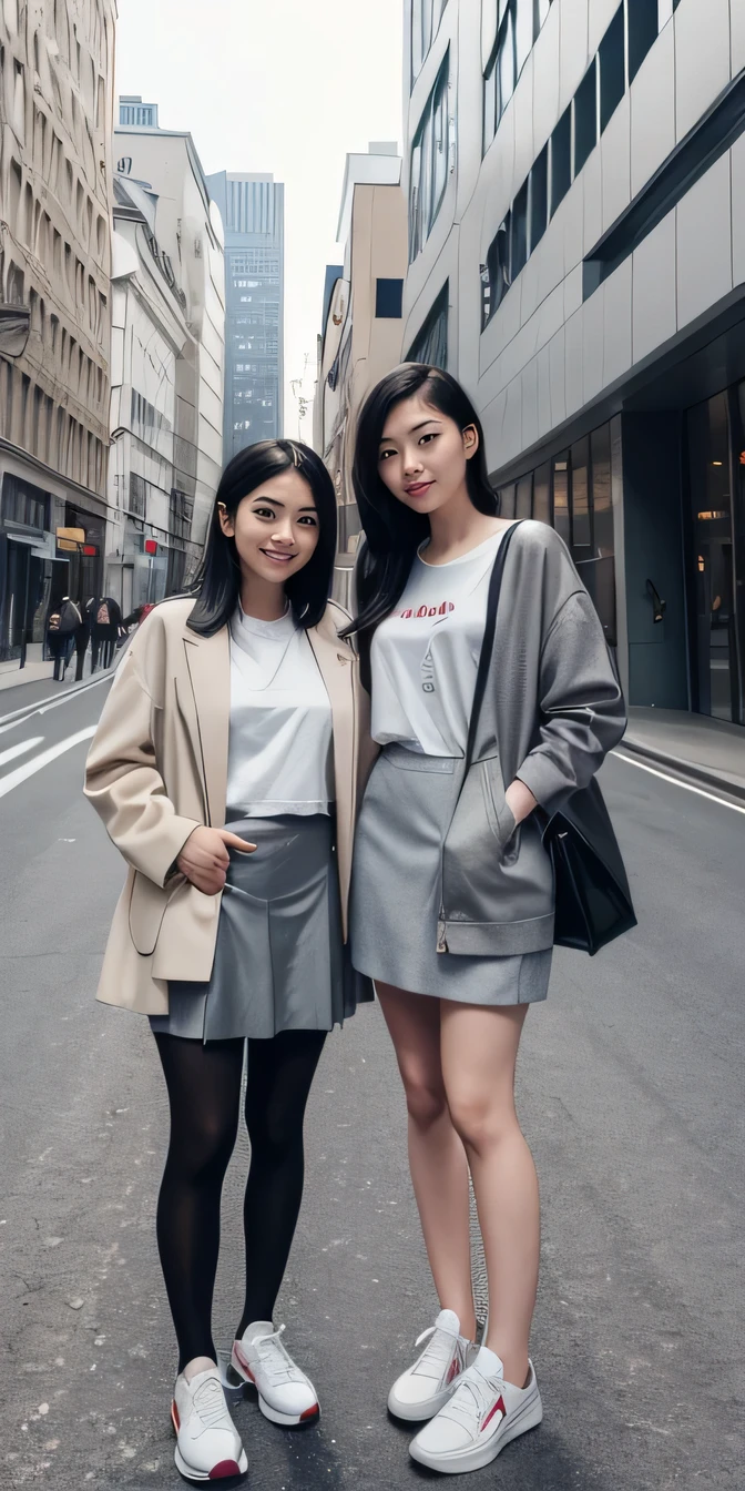 Two women standing side by side、（Full body photo）（Head to toe）Black Hair 、Ear piercing、White T-shirt, Grey coat, Knee-length skirt、tights、pumps、sneakers、smile、, The background is the building&#39;s corridor.. 

