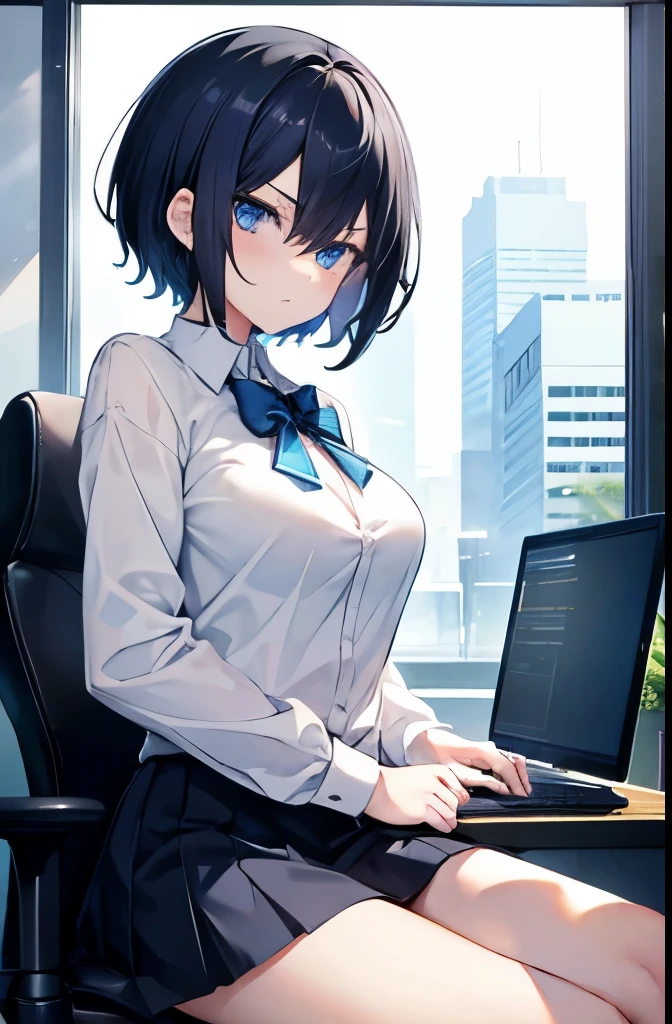 night,Sit on a chair,Operating your computer,1 girl,boyish,short hair,Black Hair,blue eyes,Serious face,Summer uniform,mini skirt,Cowboy Shot,Big Breasts,