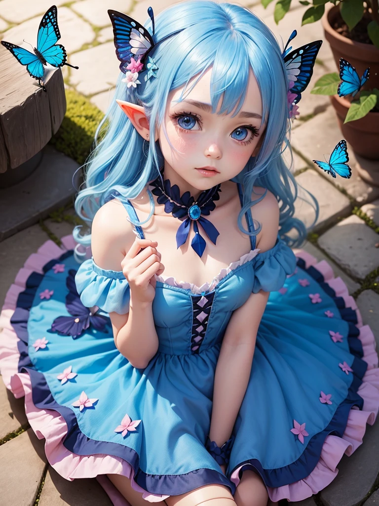 cute little Fairy, blue butterfly, blue hair, pink eyes, blue dress pointy ears dress made of petals leaves