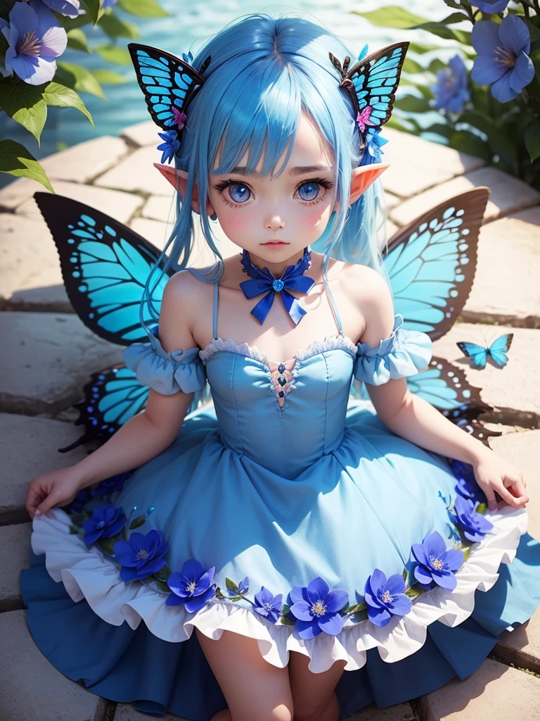 cute little Fairy, blue butterfly, blue hair, pink eyes, blue dress pointy ears dress made of petals leaves