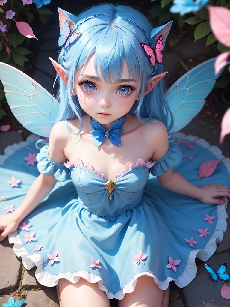 cute little Fairy, blue butterfly, blue hair, pink eyes, blue dress pointy ears dress made of petals leaves