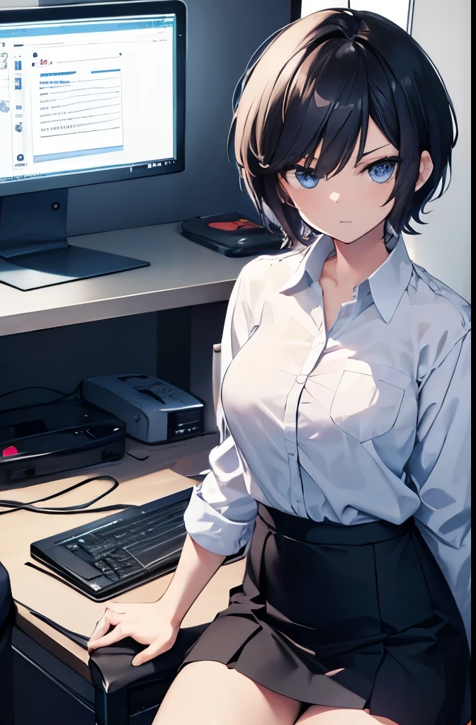 night,Sit on a chair,Operating your computer,1 girl,boyish,short hair,Black Hair,blue eyes,Serious face,Summer uniform,mini skirt,Cowboy Shot,Big Breasts,