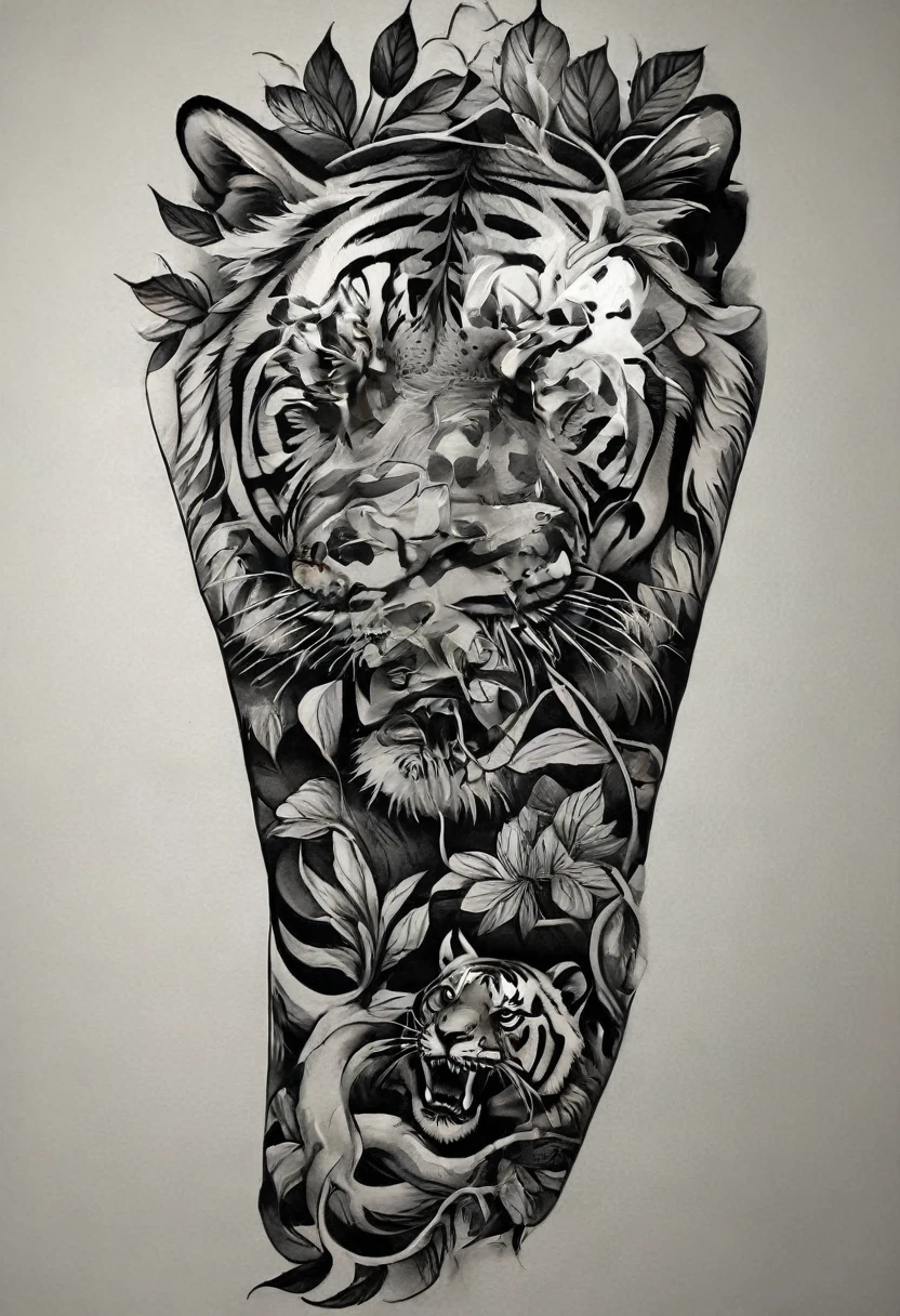 ((Solo Tiger)), he is with open mouth looking very fierce and angry, a black and white drawing of a Tiger with a japanese wave and autumn leaves effect, TigerHead Tattoo Designs, Detailed bushido shaped smoke, Tattoo designs, Black and white inkスタイル, Medium size tattoo sketch, Black and gray tattoo styles, Sumi style, sacred Tiger, Tiger_beast, Left arm to back, concept Tattoo designs, Black and white ink &#39;, Solo Tiger, Solo Tiger, (((Autumn leaves effects)))
