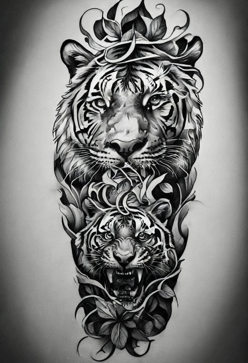 ((Solo Tiger)), he is with open mouth looking very fierce and angry, a black and white drawing of a Tiger with a japanese wave and autumn leaves effect, TigerHead Tattoo Designs, Detailed bushido shaped smoke, Tattoo designs, Black and white inkスタイル, Medium size tattoo sketch, Black and gray tattoo styles, Sumi style, sacred Tiger, Tiger_beast, Left arm to back, concept Tattoo designs, Black and white ink &#39;, Solo Tiger, Solo Tiger, (((Autumn leaves effects)))
