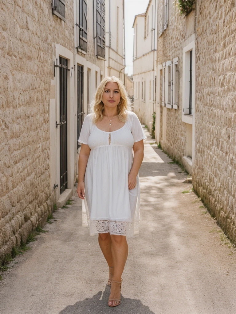 Xyrele, 1girl, solo, 30 years old, (((French face))), (((French nose))), (((French lips))), ((((chubby)))), (((wide hips))), (((blonde hair))), crinkly medium hair, ((Background: Taking photos of the whitewashed houses and lighthouses)), ((upper body and upper legs)), wearing Flowy Tunic Top