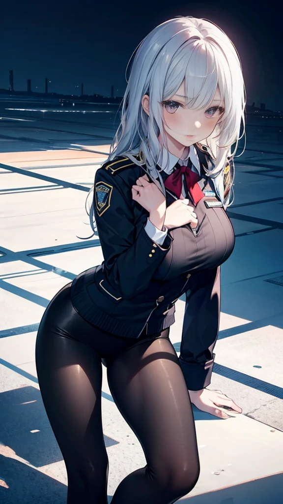 1 Girl:1.3), Solitary, __body parts__ Delicate and realistic skin, Pale skin, Large target, Official Art, Unity 16K Wallpaper, Ultra Detailed, beauty, masterpiece, best quality, Awesome atmosphere, Calming color palette, A calm mood, Soft shadows, Airline stewardess, charm,((Large Breasts)),Black tights,Police Uniform,((Black leggings)),sweater,blush,liquid,cute,Tights