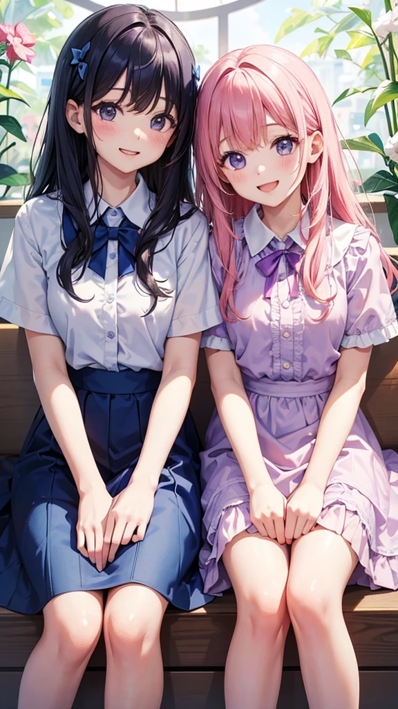 Two girls are sitting facing each other and laughing、Cartoon style illustration。The girls are wearing colorful clothes、The background is simple and white。The hair is curled、One of them is wearing a purple dress、The other is wearing a blue shirt and skirt.。A warm and happy atmosphere。