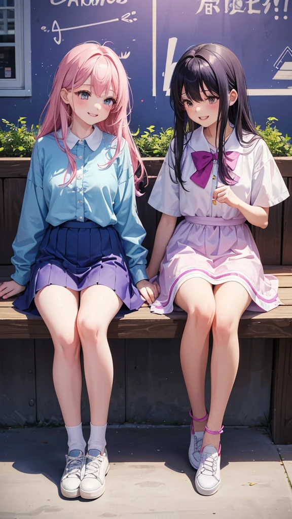 Two girls are sitting facing each other and laughing、Cartoon style illustration。The girls are wearing colorful clothes、The background is simple and white。The hair is curled、One of them is wearing a purple dress、The other is wearing a blue shirt and skirt.。A warm and happy atmosphere。