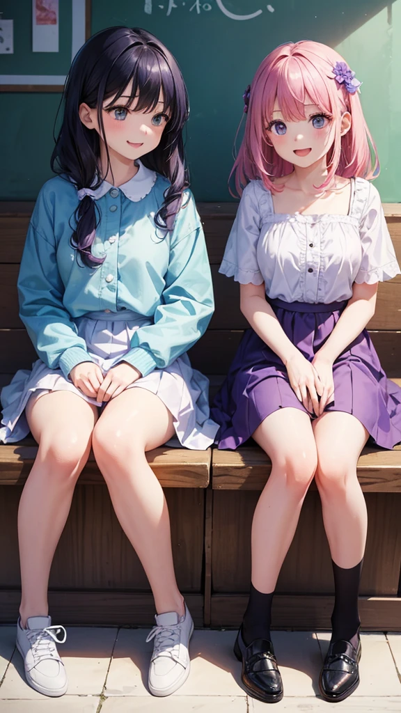 Two girls are sitting facing each other and laughing、Cartoon style illustration。The girls are wearing colorful clothes、The background is simple and white。The hair is curled、One of them is wearing a purple dress、The other is wearing a blue shirt and skirt.。A warm and happy atmosphere。