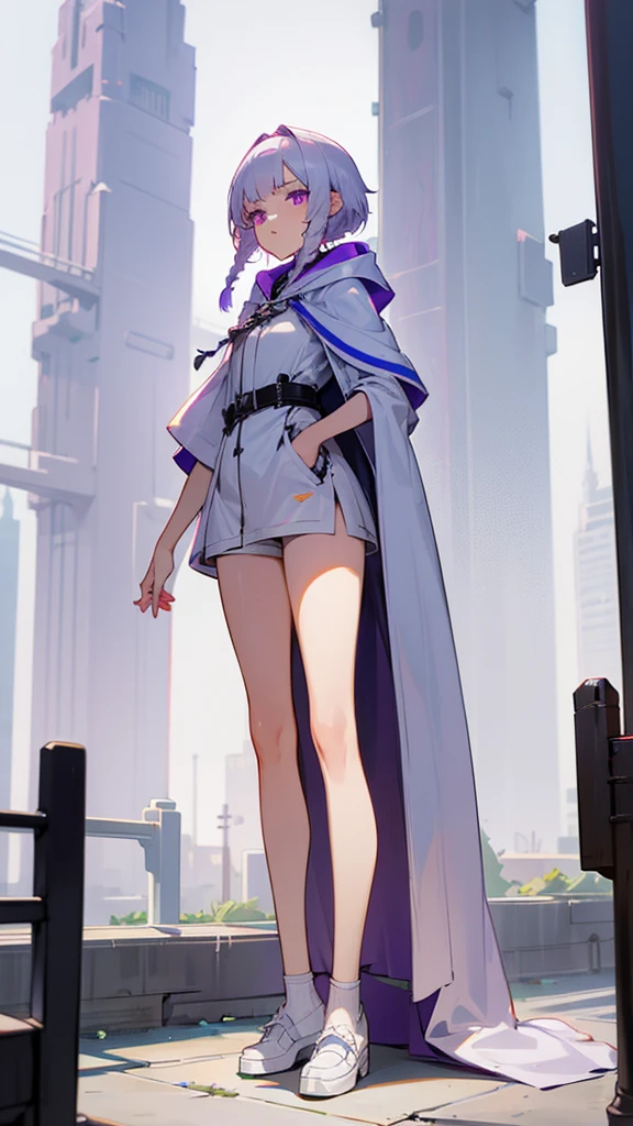 Girl with white short hair and double braids，Purple Eyes，hood，White Robe，small shorts，Bare Legs，leather shoes，Standing，City