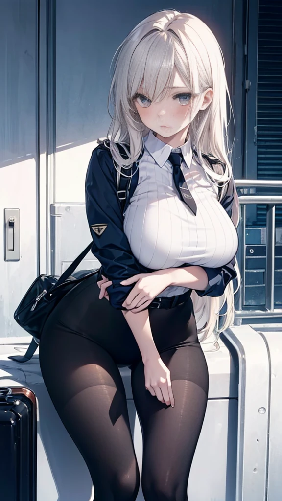 1 Girl:1.3), Solitary, __body parts__ Delicate and realistic skin, Pale skin, Large target, Official Art, Unity 16K Wallpaper, Ultra Detailed, beauty, masterpiece, best quality, Awesome atmosphere, Calming color palette, A calm mood, Soft shadows, Airline stewardess, charm,((Large Breasts)),Black tights,Police Uniform,((Black leggings)),sweater,blush,liquid,cute,Tights