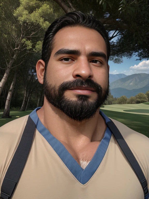 Masterpiece, Best Quality, High resolution, close-up portrait, (1 chico:1.4), hiker, male focus, focus alone, tanned skin, 38-year-old man in golf course, muscular, strong, furry, masculine, in the forest, natural lighting, amazing composition, front view, HDR, volumetric lighting, (plano general, FROM THE FRONT:1.2) (GS-Macho :1.5) (magnificent landscape:1.2), macho, thick forearms, thick arms, huge thighs, charming smile with teeth, winking at camera, raunchy, scruff