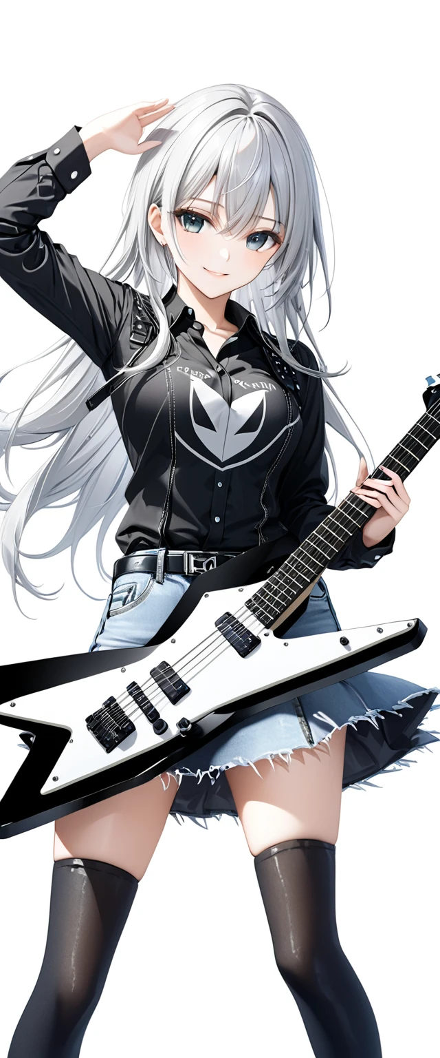 (((White background:1.2)))、(The entire subject is captured),(((Composition from afar:1.5))),(((full body:1.2))),Masterpiece、Ultra HD、Scandinavian metal girl playing a black electric guitar, Intricate details, Highly detailed eyes, Long silver hair、(Black shirt and jeans)、(((Dynamic pose:1.5)))、Wear black boots、Ultra-detailed image quality、Intense gaze at the camera、Smiling Kindly、Perfect Style、8Head to Body、Playing on stage、Live