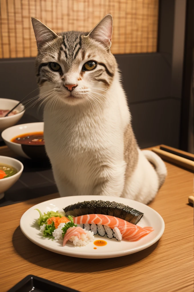Beautiful Cat, at a sushi restaurant, sushi, sashimi, rice, Photorealistic, Ultra Detailed, Intricate Detail, 8k, Super Detailed, Volumetric, HDR, Realistic, Unreal Engine, 16k, (((Clear Focus))), Octan render, Highest Quality, RAW Photo, Cinematic Composition, Ultra Real