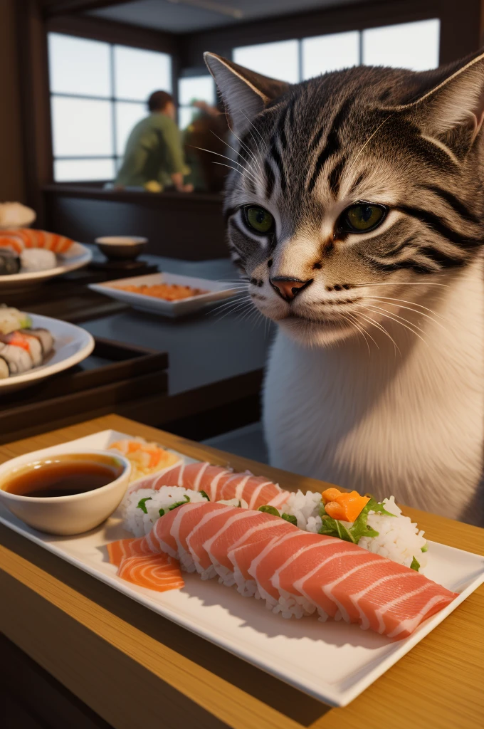 Beautiful Cat, at a sushi restaurant, sushi, sashimi, rice, Photorealistic, Ultra Detailed, Intricate Detail, 8k, Super Detailed, Volumetric, HDR, Realistic, Unreal Engine, 16k, (((Clear Focus))), Octan render, Highest Quality, RAW Photo, Cinematic Composition, Ultra Real 