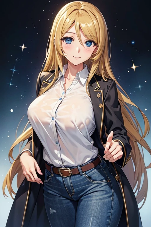 mori yuki、Shiny golden hair, Long Hair, (Beautiful blue eyes)、smile、超Detailed eyes、Highly detailed face, 非常にDetailed eyes,

, Cowboy Shot、
break (Black long coat),
 break (White shirt, Denim pants), 
 Stylish decorations, alone, Curvy Women,   (Detailed eyes:1.2), smile, blush, 