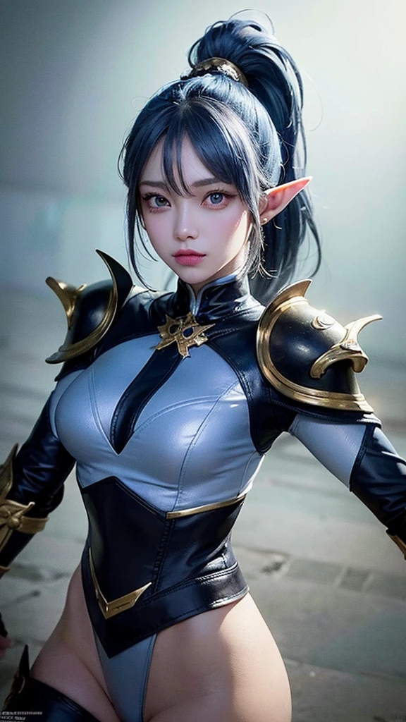 a beautiful detailed blue-skinned elf girl with blue-grey hair tied up in a high ponytail,extremely detailed eyes,beautiful detailed purple eyes,beautiful detailed lips,wearing leather armor,action pose,fantasy,fantasy character,high quality,8k,ultra-detailed,photorealistic,photo-realistic,physically-based rendering,vivid colors,dramatic lighting