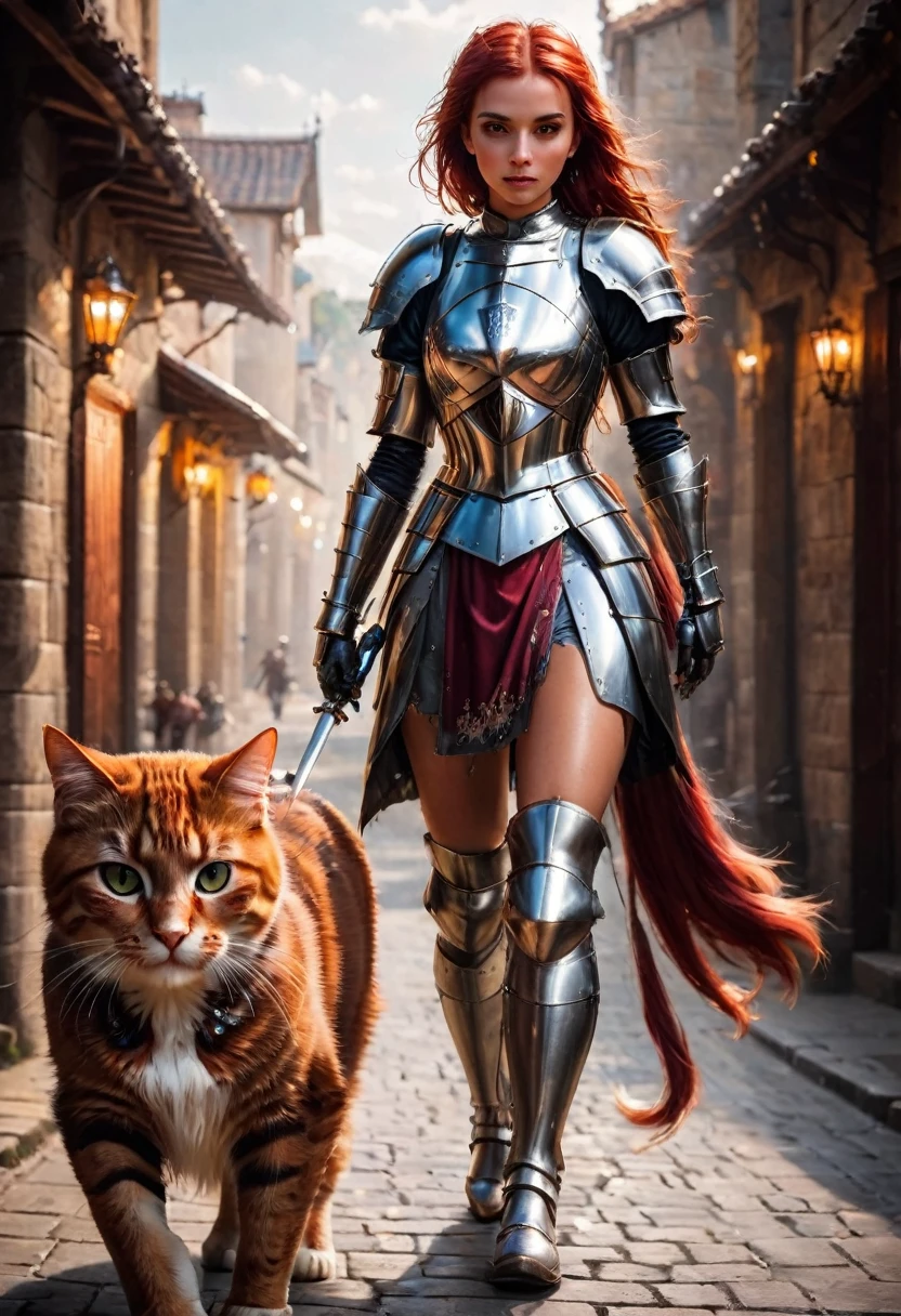 arafed a picture of knight with her epic sized cat walking near her in  fantasy street, an ((giant cat: 1.5)), the cat is wearing armor  ready for battle, dynamic color cat BREAK a human knight, full body, ((anatomically correct: 1.5)  walking near him, female knight, red hair, long hair, hair in a pony tail, wearing knight's armor, decorated armor,  high heeled boots,  Hyperrealism style, vibrant, Ultra-high resolution, High Contrast, (masterpiece:1.5), highest quality, Best aesthetics), best details, best quality, highres, ultra wide angle, 16k, [ultra detailed], masterpiece, best quality, (extremely detailed) RAW, ArmoredDress, Amber cat eyes
