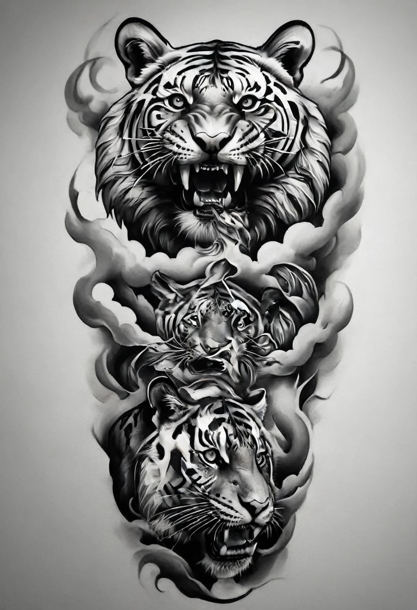 a black and white drawing of a Tiger with a cloud, Jaguar Head Tattoo Designs, Detailed bushido shaped smoke, Tattoo designs, Black and white inkスタイル, Medium size tattoo sketch, Black and gray tattoo styles, Sumi style, sacred Tiger, Tiger_beast, Left arm to back, concept Tattoo designs, Black and white ink &#39;, Tiger head, Tiger, (((Autumn leaves effects)))
