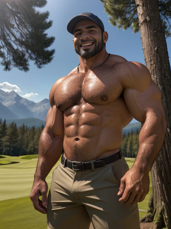 Masterpiece, Best Quality, High resolution, close-up portrait, (1 chico:1.4) A man in golf clothing, muscular, (with shirt: 1.2) male focus, focus alone, tanned skin, 38-year-old man in golf course., muscular, strong, furry, masculine, (shirtless: 1.2), in the background a farm, in a storm, amazing composition, front view, HDR, volumetric lighting, (plano general, FROM THE FRONT:1.2) (GS-Macho :1.5) (magnificent landscape:1.2), macho, thick forearms, thick arms, huge thighs, charming smile, winking