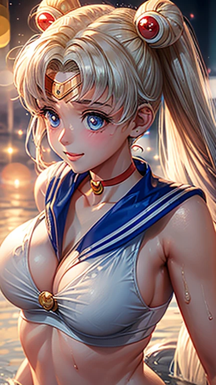 Sailor Moon, ( Upper body close-up shot ), ( Bokeh effect), Stripping , shy, White Bikini, Wet clothes, See through, Cleavage, Wet, anime,Seductive pose, smile, cute, blush, super high quality, Ultra-high resolution, Ultra-realistic, 8k, masterpiece