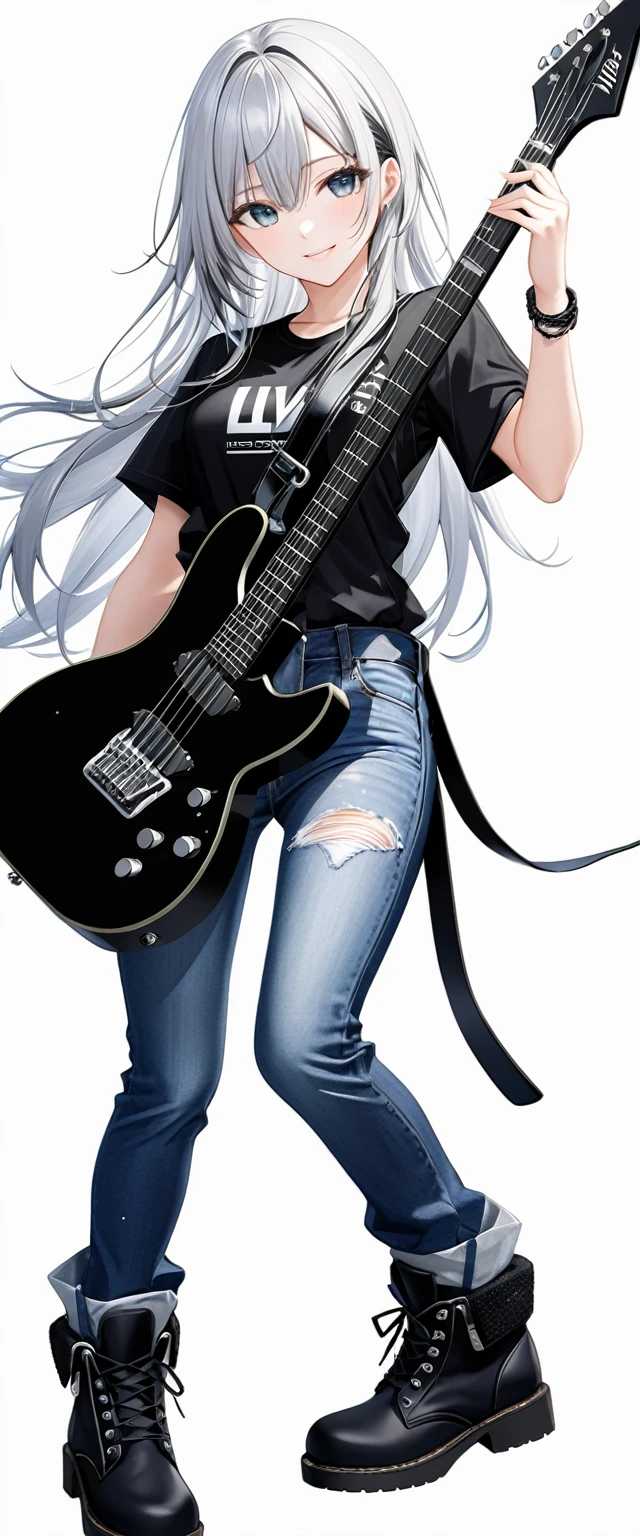 (((White background:1.2)))、(The entire subject is captured),(((Composition from afar:1.5))),(((full body:1.2))),Masterpiece、Ultra HD、Scandinavian metal girl playing a black electric guitar, Intricate details, Highly detailed eyes, Long silver hair、(Black shirt and jeans)、(((Dynamic pose:1.5)))、Wear black boots、Ultra-detailed image quality、Intense gaze at the camera、Smiling Kindly、Perfect Style、８Head to Body、Playing on stage、Live