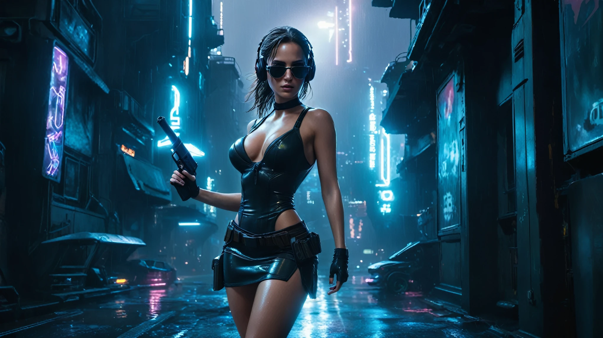 (aerial view, a flying cars docking platform, a very dark abandoned futuristic city, neon lights), rainy ht. A girl as Lara Croft, solo, alone, large-bre2 slim body, cleavage:y wind blowing dress:1.4, (headphone, black sunglasses), (((((she raised:1.8 a pistol:1.8 and took aim at viewer))))), dynamic pose, (((half-body thigh level medium shot))), cinematic lighting, lens flare, ray tracing.