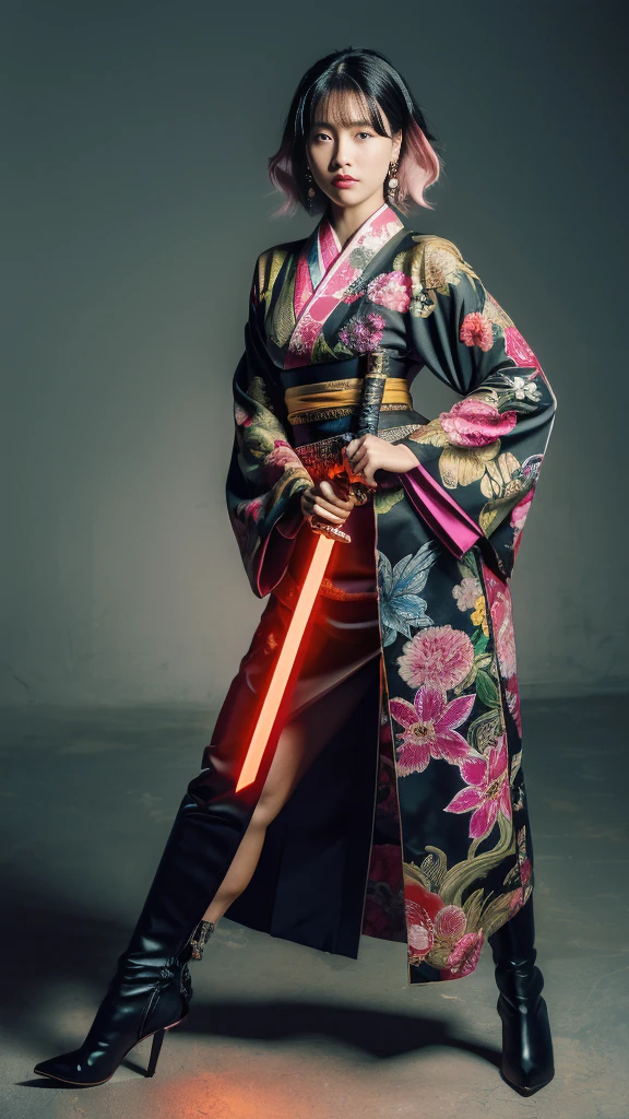 Beautiful Chinese woman, (16 years old), cute face, red lips, white moist skin, moles, (under-eye bags),
BREAK,
Feminine body with high athletic ability, Body of a female fitness model, Feminine body with hard tones, (Muscles: 1.2), (Beautiful belly button),
BREAK,
Fighter, Kung Fu fighter, Idol, (Yakuza), (Yakuza),
BREAK,
(Wearing a cute black kimono: 1.3), (Kimono with a lot of exposure), (Stiletto heels, black long boots 1.3), necklace, very large earrings, short length,
BREAK,
Short hair, (Short bob hair), (Bangs: 1.2), (Pink hair: 1.3), (Wavy hair),
BREAK,
(Very large Japanese sword: 1.4), (Holding the handle of a Japanese sword: 1.3), (Fighting: 1.2), (Getting into a fighting stance), (Beautiful blade of a Japanese sword: 1.2)
BREAK,
(Japanese tattoo: 1.4),
BREAK,
Masterpiece, Perfect lighting, Ultra high resolution, 8K, (Highly detailed: 1.4), (From the front), Looking at the camera, Melancholic expression,
BREAK,
(Tokyo city, lots of people in the background: 1.2), Shibuya city background in Tokyo, Japan, (Neon lights: 1.2)