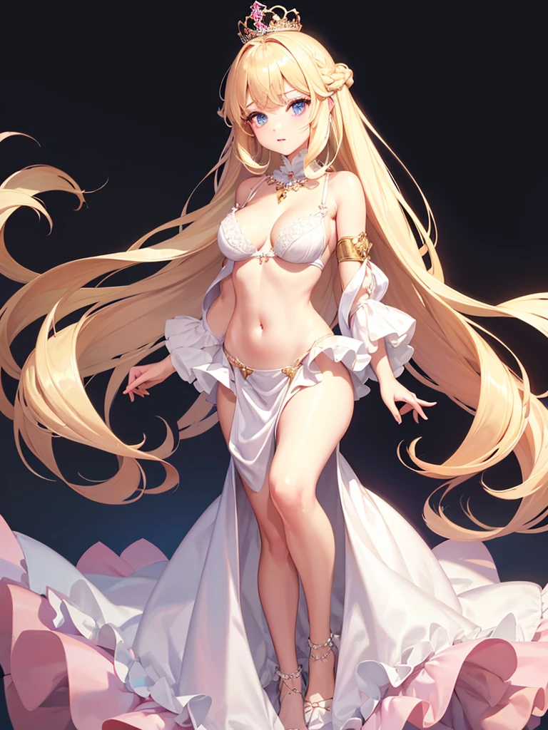 bare 、(satin、silk、(White bra))、Highest quality, Super Fine, 16K, Incredibly absurd, Very detailed, Beautiful and cute woman, shy, Big, bright eyes, Blonde double-sided princess hairstyle, Princess-like pink ruffled long flare skirt dress, Simple color background
