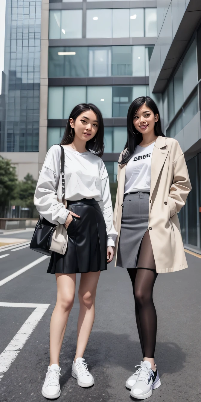Two women standing side by side、(Full body photo)(Head to toe)Black Hair 、Ear piercing、White T-shirt, Grey coat, Knee-length skirt、tights、pumps、sneakers、smile、, The background is the building's corridor..