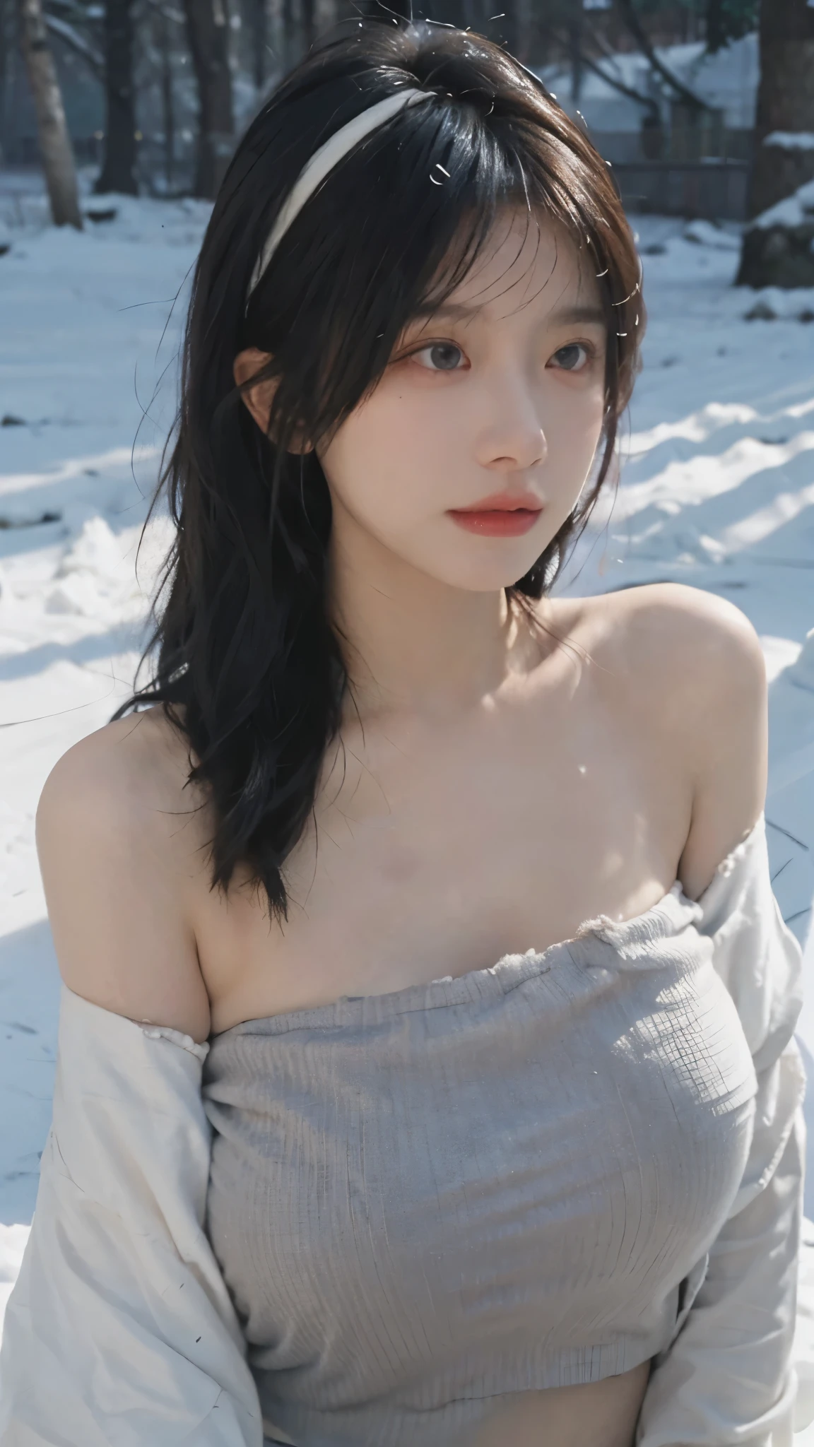 Portrait photography，1 girl，Snow Scene，Snowing background，Push-up non-slip tube top ，（whole body：1.4），Lipstick，(Big Breasts:1.4)，Headband，serene，calm，(Realistic and detailed eyes，Natural skin texture，Realistic facial details)，