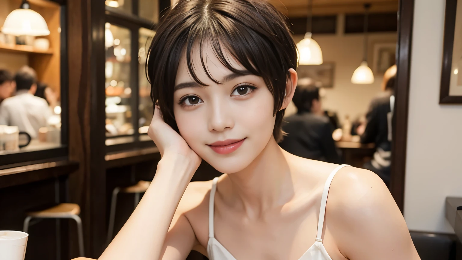 Cecil cut, pixie cut, short bob hair, short hair, smile, brown hair, photographed in a cafe