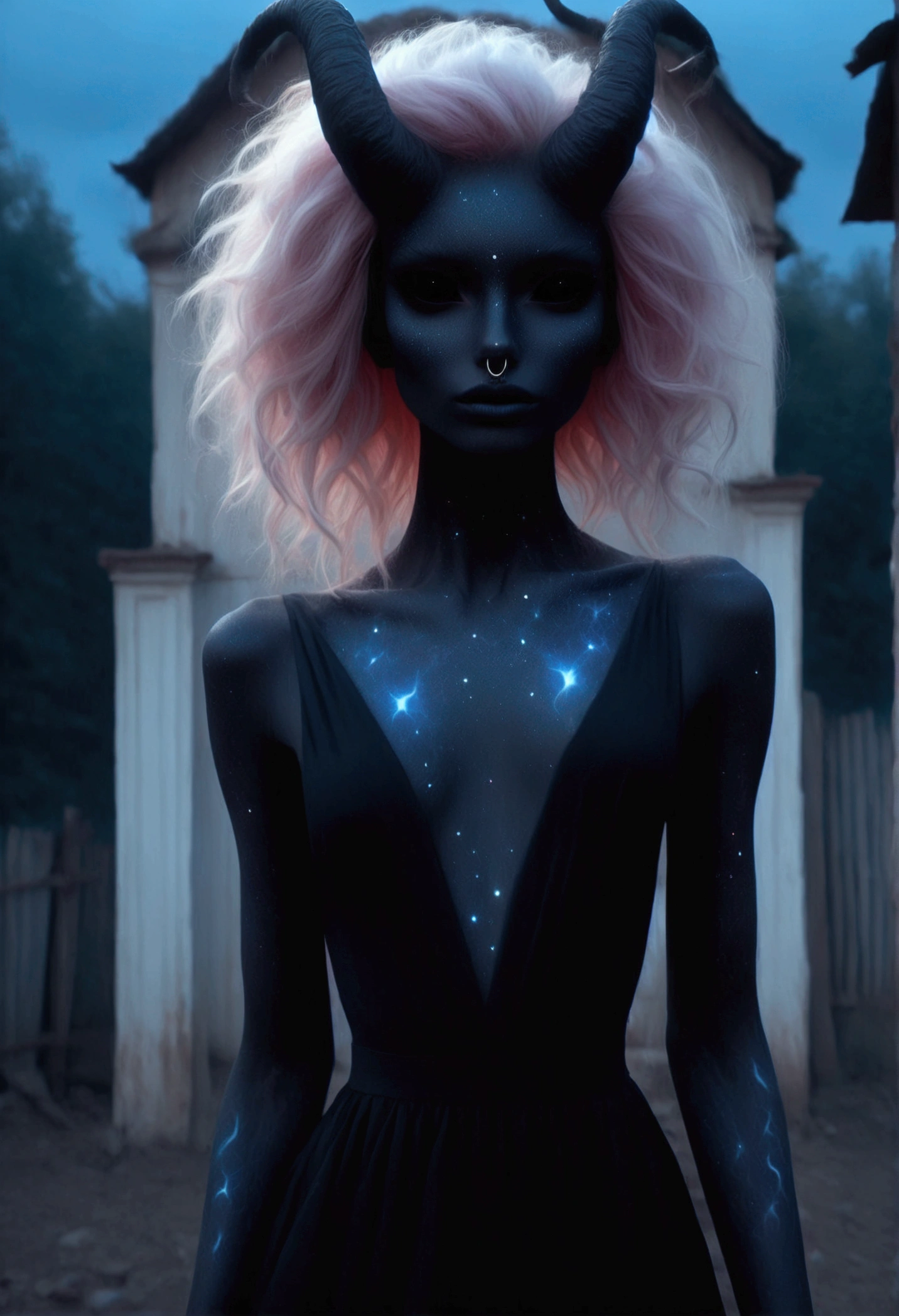 ((vivid red hair)), mature woman, 30 years old, diamond face, red starry sky background, depth of field, magic, big red lips, ((dark and black eyes)) black and red long and full dress, covered chest, mystical atmosphere, ominous shadows, Intense blue aura, Intense red aura (best quality:1.2), absurdres, intricate details, (highly detailed skin:1.2), smile expression, posing, taut and well defined body, attractive. Highly realistic, white skin, beautiful, hyperrealism, skin very elaborated, direct gaze,