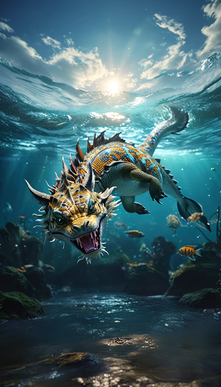 水中有一种Fantasy Creatures(best quality,4K,8k,High level,masterpiece:1.2),Ultra Detailed,(lifelike,Photo real,Photo real:1.37),Highly detailed animals,Complex patterns,Realistic lighting,Fantasy Creatures
